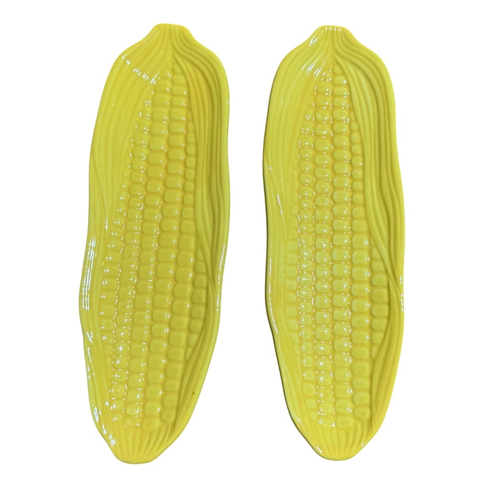 Tag Yellow Ceramic Earthenware Corn on the Cob Serving Dishes Set of 2